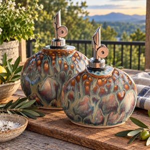 May include: Two round ceramic oil dispensers with a mottled glaze in shades of blue, green, and copper. Each vessel features a stainless steel pour spout with a hinged lid mechanism, designed for controlled liquid dispensing in a kitchen setting.
