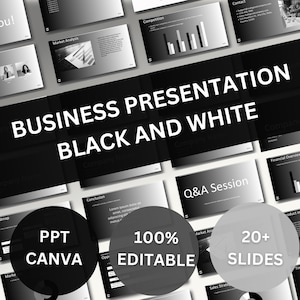 Puede incluir: Una plantilla de presentación de negocios en blanco y negro con el texto "BUSINESS PRESENTATION BLACK AND WHITE". La presentación incluye diapositivas con gráficos y texto. La presentación es PPT, Canva, 100% editable y tiene más de 20 diapositivas.