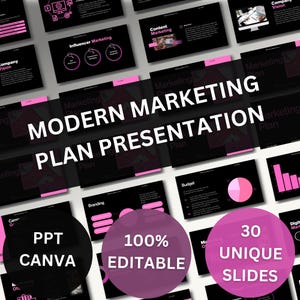 May include: A modern marketing plan presentation template with a black background and pink accents. The presentation includes 30 unique slides, is 100% editable, and is compatible with PPT and Canva.