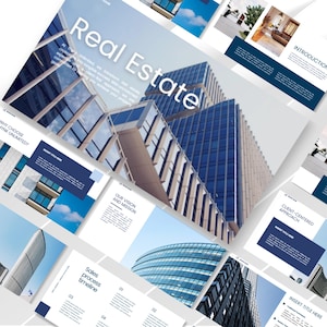 Puede incluir: Un conjunto de diapositivas de presentación con un tema inmobiliario. El título "Real Estate" se muestra de forma destacada. Se presentan imágenes de edificios modernos y diseños arquitectónicos, junto con cuadros de texto y diagramas. La combinación de colores es principalmente azul y blanco.