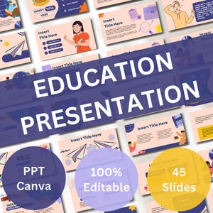 Könnte beinhalten: Eine Präsentationsvorlage für Bildung mit 45 Folien, 95% kompatibel mit PPT und Canva und 100% editierbar. Die Vorlage verfügt über ein blaues und violettes Farbschema mit Illustrationen von Schülern, Lehrern und Lernmaterialien.