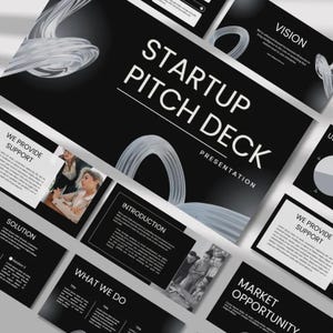May include: A black and white presentation titled "Startup Pitch Deck." The presentation includes slides with text such as "Vision," "Introduction," and "Market Opportunity." Abstract white swirls and images of people are also included.