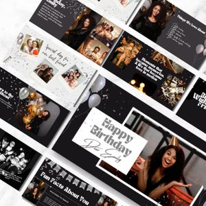 May include: A set of digital templates with a birthday theme, in black and white. The designs incorporate photos, text, and decorative elements such as balloons and confetti. One template says "Happy Birthday Dear Emily."