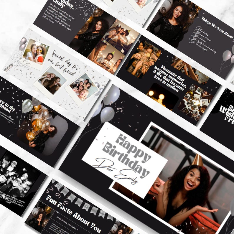 May include: A set of digital templates with a birthday theme, in black and white. The designs incorporate photos, text, and decorative elements such as balloons and confetti. One template says "Happy Birthday Dear Emily."