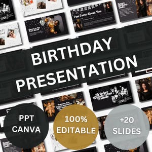 May include: A birthday presentation template with a black and white design. The title "BIRTHDAY PRESENTATION" is prominently displayed. Includes "PPT CANVA", "100% EDITABLE", and "+20 SLIDES" labels.
