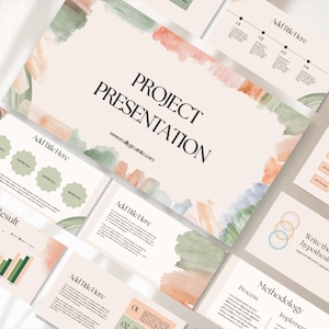 May include: A project presentation template with a light beige background and watercolour-style abstract shapes in shades of pink, green, and blue. The text "PROJECT PRESENTATION" is in black font at the top of the page. The text "www.reallygreatsite.com" is in black font below the title. The template includes several slides with titles such as "Add Title Here", "Methodology", "Process", and "Result".