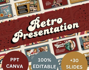 Retro PowerPoint Template, Retro powerpoint theme,  70s, 80s Style Slides (Canva, Digital Download)