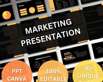 May include: A marketing presentation template with a black and yellow color scheme. The words "MARKETING PRESENTATION" are prominently displayed. The presentation includes slides with the text "PPT CANVA", "100% EDITABLE", and "30+ UNIQUE SLIDES".