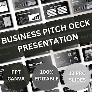 May include: A business pitch deck presentation template with multiple slides. The slides feature charts, graphs, and text. The presentation is 100% editable in PPT and Canva, with 13 pro slides.