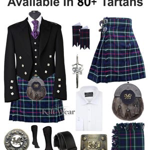 Könnte beinhalten: Ein formelles Kilt-Outfit mit schwarzer Jacke, Weste, weißem Hemd, violettem Plastron und einem blau-grün-rosa karierten Kilt. Enthält einen Fell-Sporran, eine Kiltnadel, einen Gürtel, eine Schnalle, Socken und ein Plaid. Text: Available In 80+ Tartans.