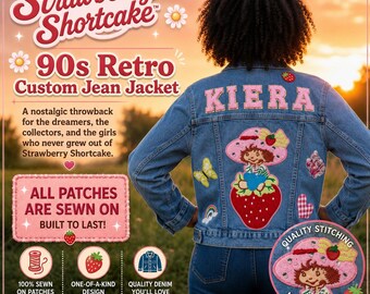 Personalized Strawberry Shortcake Denim Jacket – 90s Retro Patches Sewn On