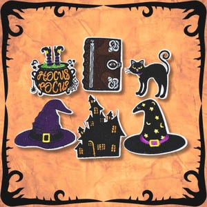 May include: A collection of Halloween-themed patches. Includes a witch's cauldron with the words "Hocus Pocus", a spell book, a black cat, two witch hats, and a haunted house. The patches are outlined in white and set against an orange background.