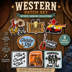 Western Iron-On Patch Set: Cowgirl, Rodeo, & Country Music Designs
