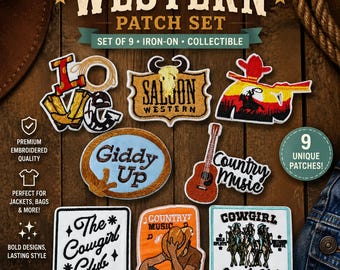 Western Iron-On Patch Set: Cowgirl, Rodeo, & Country Music Designs