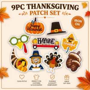 Autumn Patch Set | 9PC Thanksgiving Embroidered Patches | Iron-On Fall Collection | Rustic Craft  Bundle