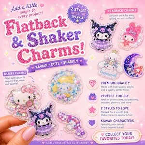 May include: A collection of flatback and shaker charms featuring Sanrio-inspired characters like Hello Kitty, Kuromi, and Cinnamoroll. The charms are filled with glitter and sequins, showcasing pink, purple, and blue hues with sparkly finishes.