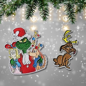 May include: Embroidered patches featuring characters from a Christmas story. One patch shows the Grinch in a Santa hat with Cindy Lou Who and Max. The other patch is of Max the dog with yellow antlers. Christmas theme.
