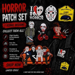 May include: A set of seven embroidered horror-themed patches featuring iconic characters and logos. Designs include a hockey mask, a Camp Crystal Lake sign, a character on a tricycle, and a group of four figures sitting on an orange sofa.