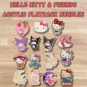 May include: A collection of Hello Kitty & Friends acrylic flatback bundles. The image features various character designs, including Hello Kitty with balloons, bows, and other accessories. The color palette includes pink, white, black, and purple.