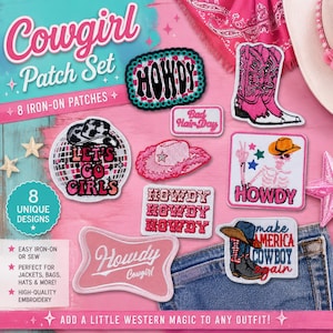 Cowgirl Patch Set: Embroidered Western Appliques - Pink Boots, Hats, Skeletons (10 Piece Set