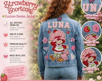 Personalized Strawberry Shortcake Patched Denim Trucker Jacket - All Patches Sewn On - 80s Retro