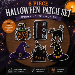 Witchcore Halloween 6 Piece Patch Collection | Embroidered Iron-On Patches | Hocus Pocus Inspired Black Cat, Magic Book & Witch Hats