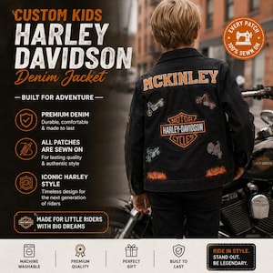 Kids Harley Davidson Inspired Custom Denim Jacket – Personalized Motorcycle Patch Coat