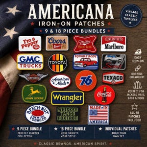 May include: A collection of eighteen rectangular, circular, and shaped iron-on patches featuring various American brand logos and designs, including Dr. Pepper, Coors, Miller, Marlboro, GMC, Toyota, John Deere, Wrangler, Coca-Cola, and an American flag.