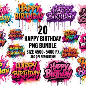 Paquete de 20 PNG de Feliz Cumpleaños / Diseños de Camisetas de Cumpleaños / PNG de Sublimación / Uso Comercial / Descarga Instantánea