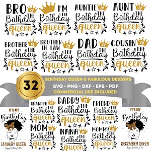 May include: A collection of black and gold birthday-themed designs with phrases like "Birthday Queen," "Mom," and "Dad." Includes SVG, PNG, DXF, EPS, and PDF files for commercial use. Features a gold badge with the number 32.