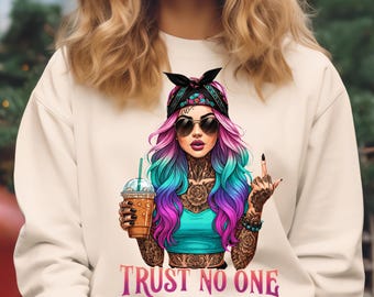 Trust No One PNG, Tattoo Girl Sublimation Design, Edgy Aesthetic Graphic, Colorful Hair Woman PNG, Retro Tattooed Girl Digital Download.