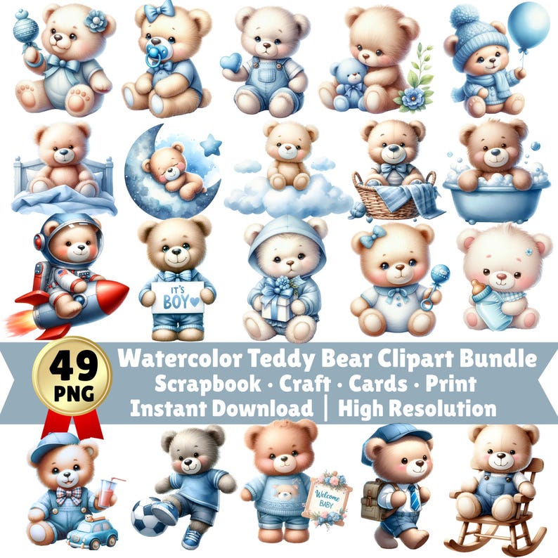 Watercolor Teddy Bear Clipart Bundle Baby Boy, Cute Blue Bear PNG ...