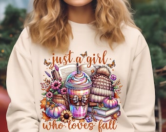 Just a Girl Who Loves Fall PNG, Autumn Sublimation Design, Cozy Season PNG, Pumpkin Spice Graphic, Fall T-Shirt PNG, Retro Autumn png.