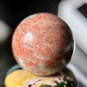 Pink Ocean Jasper Sphere: Old Vein Mineral, Calming Pocket Stone