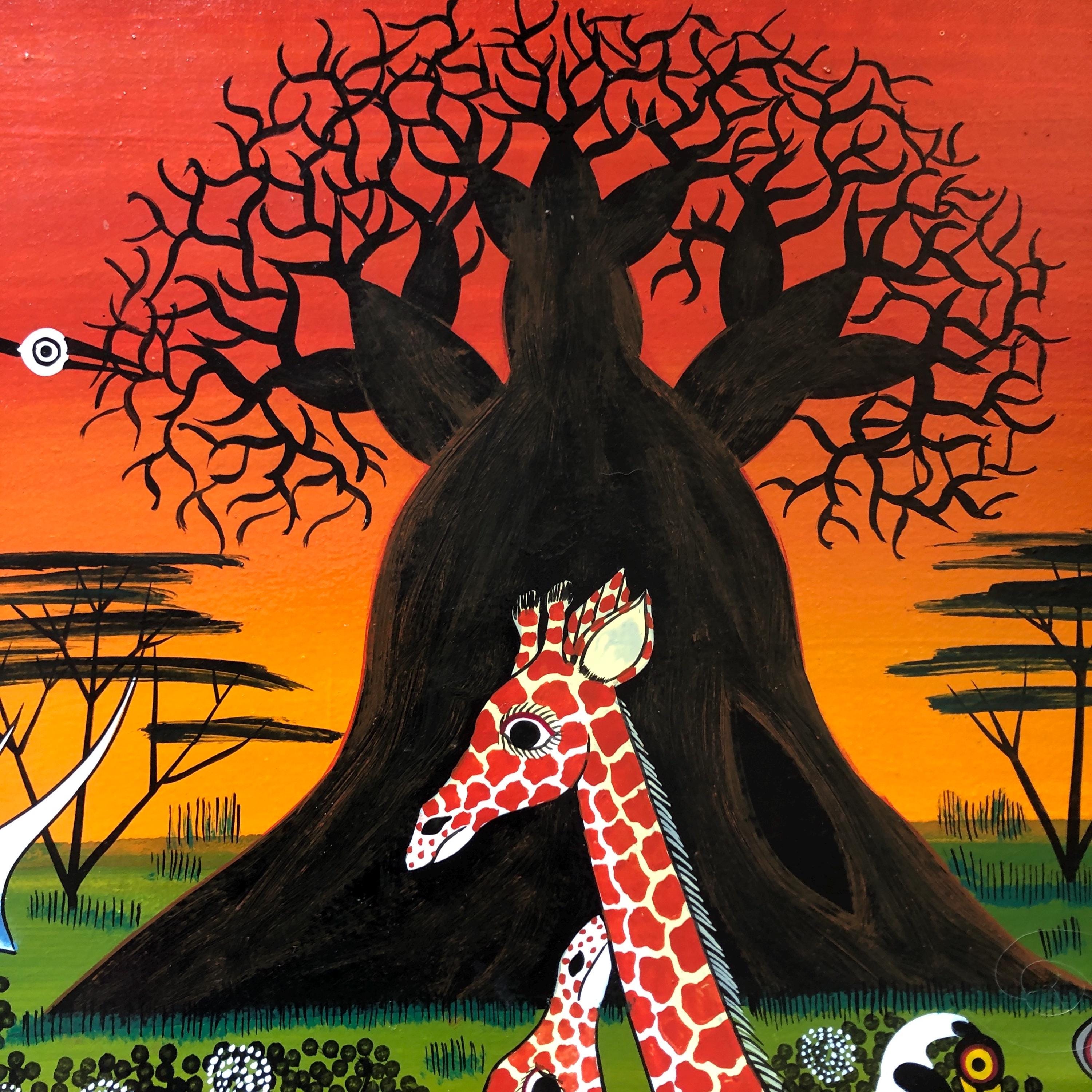 Vintage Tinga Tinga African Safari Animal Landscape, Signed
