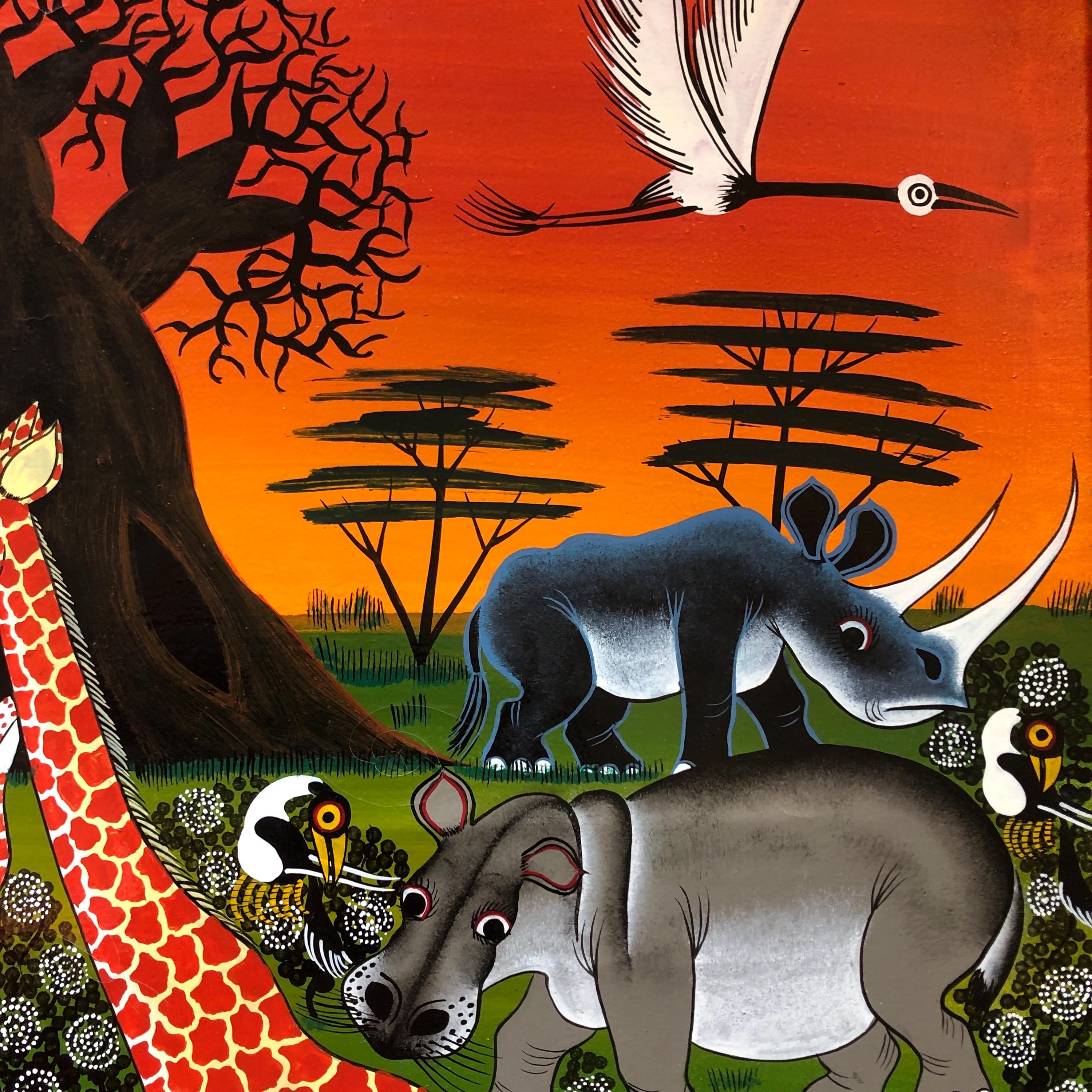 Vintage Tinga Tinga African Safari Animal Landscape, Signed