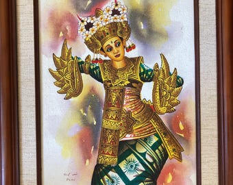 エレガントな額装のヴィンテージの伝統的なバリ島の絵画。キャンバスに