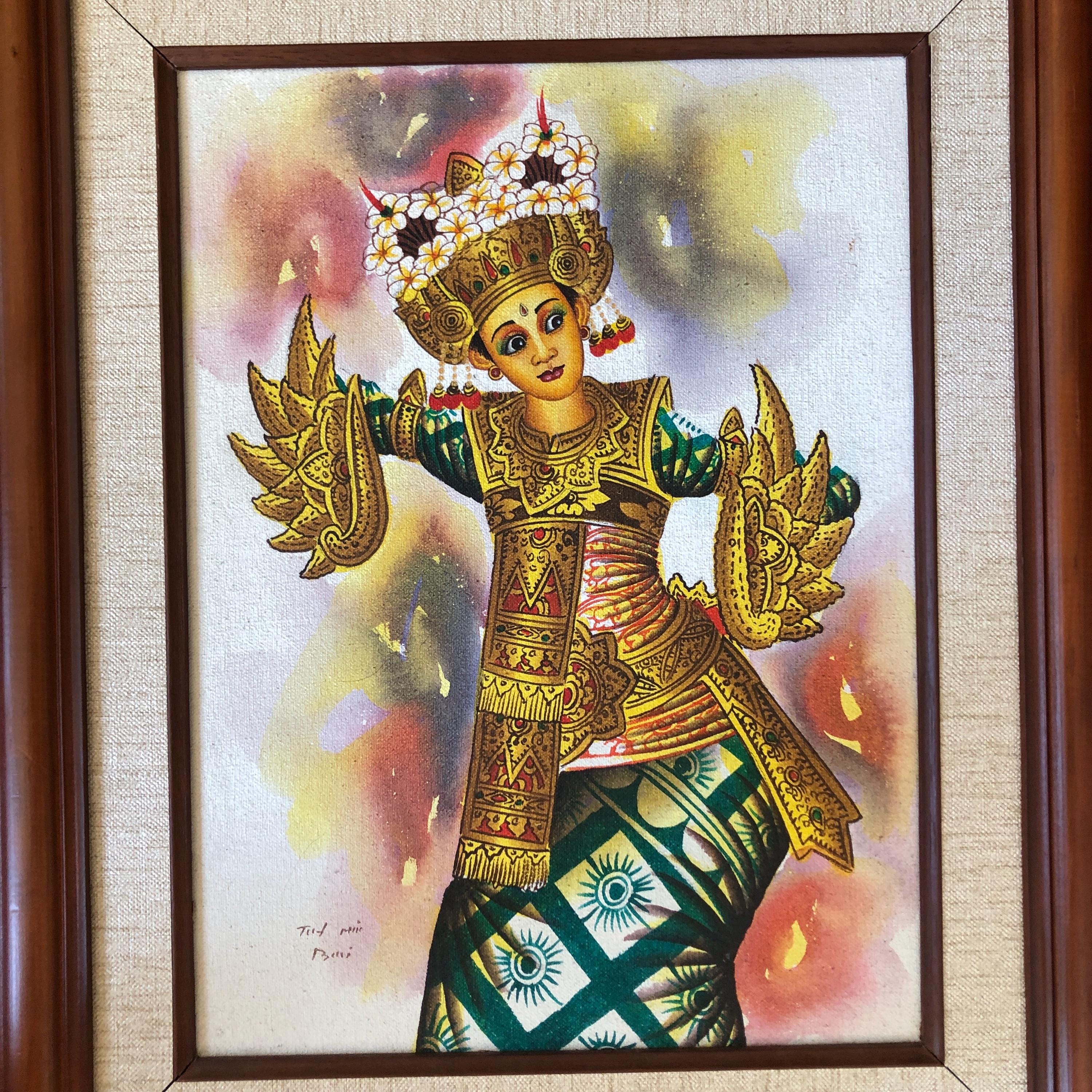 エレガントな額装のヴィンテージの伝統的なバリ島の絵画。キャンバスに