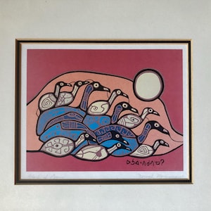 Hand signed titled contemporary Indigenous vintage print artwork Flock of Loons by Ojibwe artist Norval Morrisseau Canada First Nation