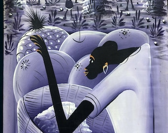 Pintura acrílica sobre lienzo de Thomas Nerval en color morado que combina el estilo de una mujer haitiana con frutas y una escena de un pueblo afrocaribeño y una cosecha.