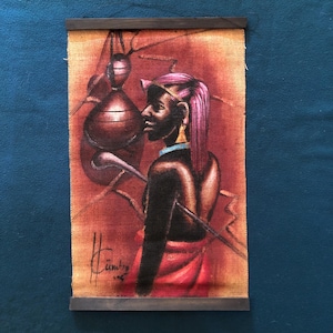 Maasai tribe woman portrait Tanzania artist Kiim Khalid Mbogolume painting burlap jute fabric calabash signed wall art vintage Kenya Uganda