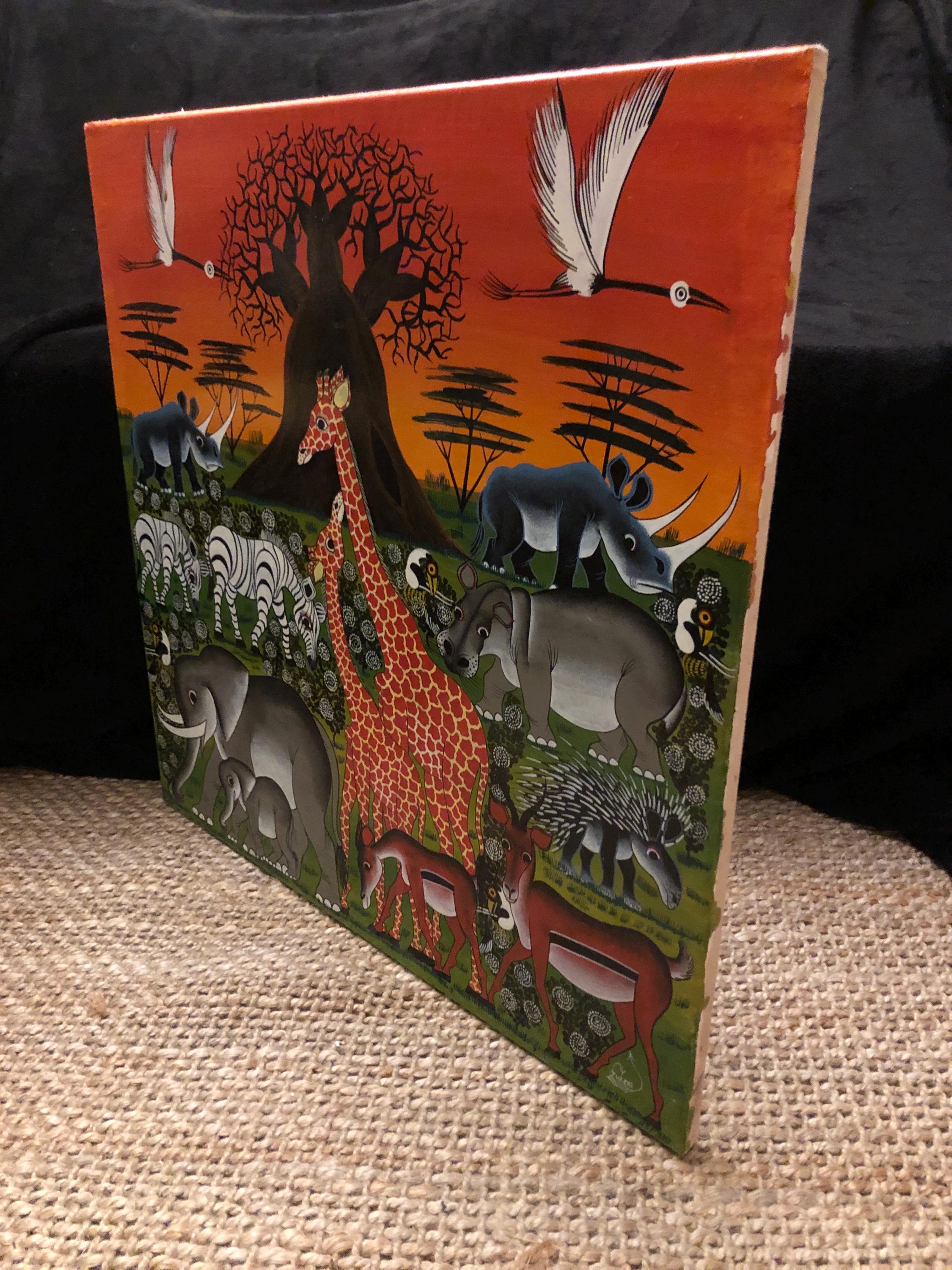 Vintage Tinga Tinga African Safari Animal Landscape, Signed