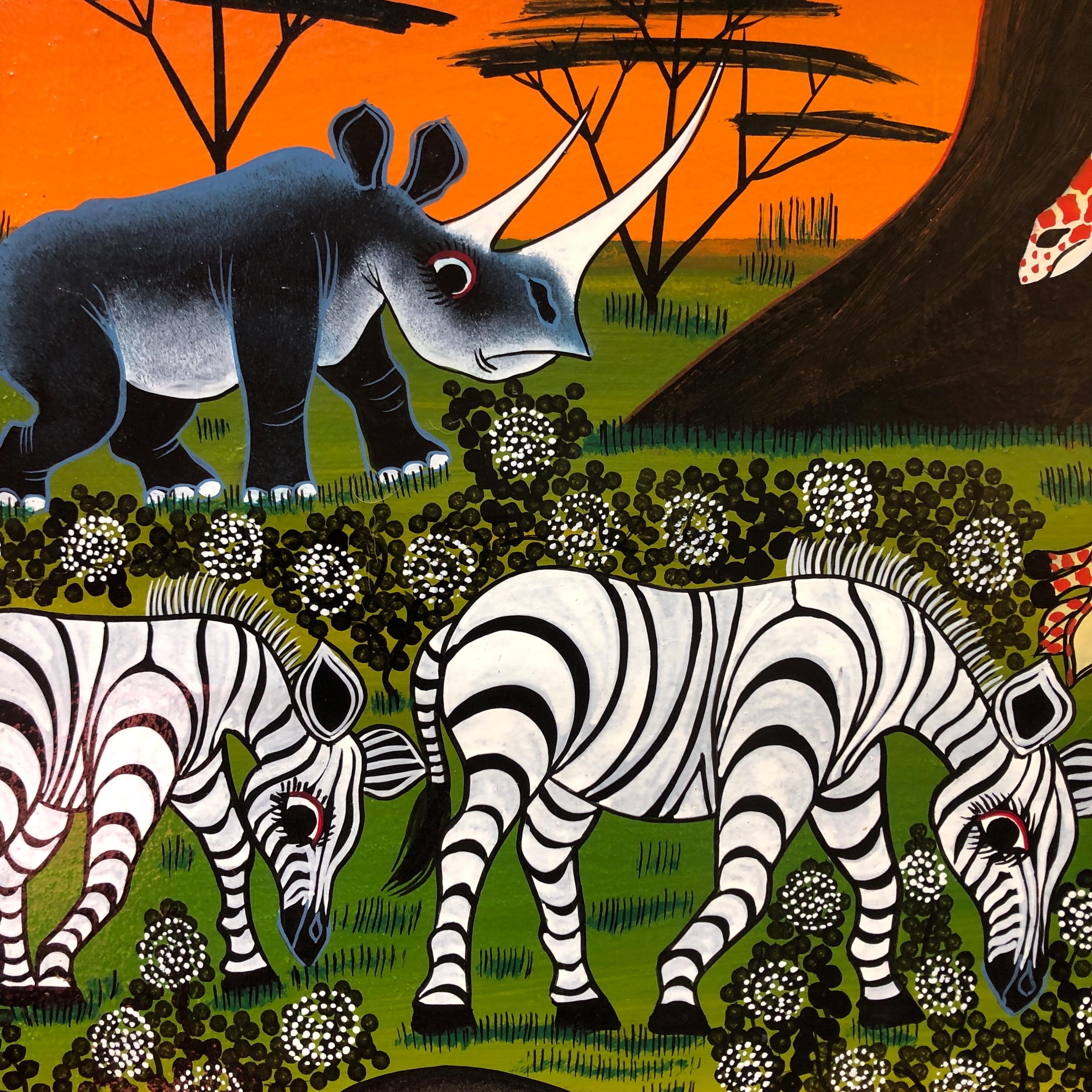 Vintage Tinga Tinga African Safari Animal Landscape, Signed