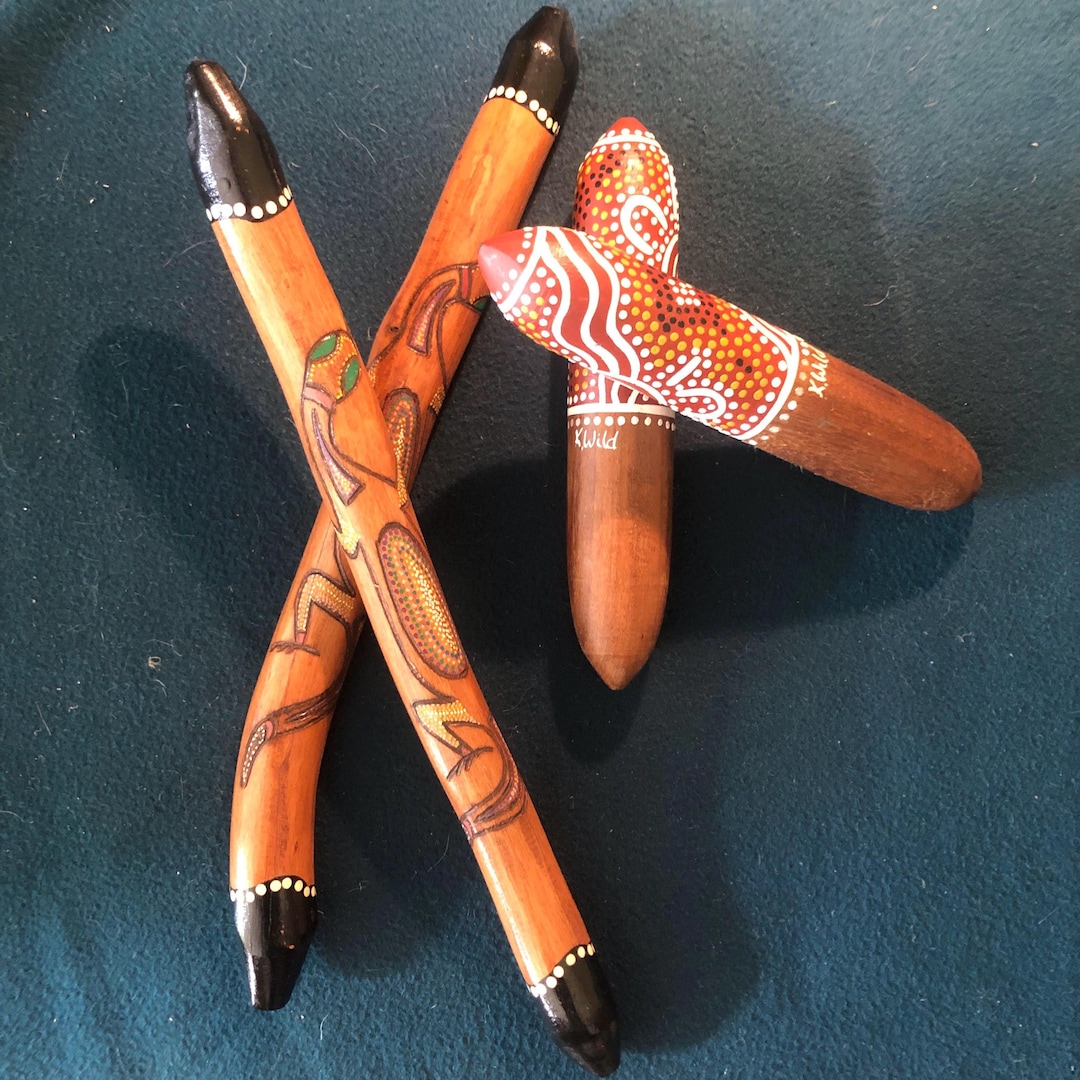 Aboriginal Dot Art Clapping Stick Pair Hand Painted Hardwood Vintage ...