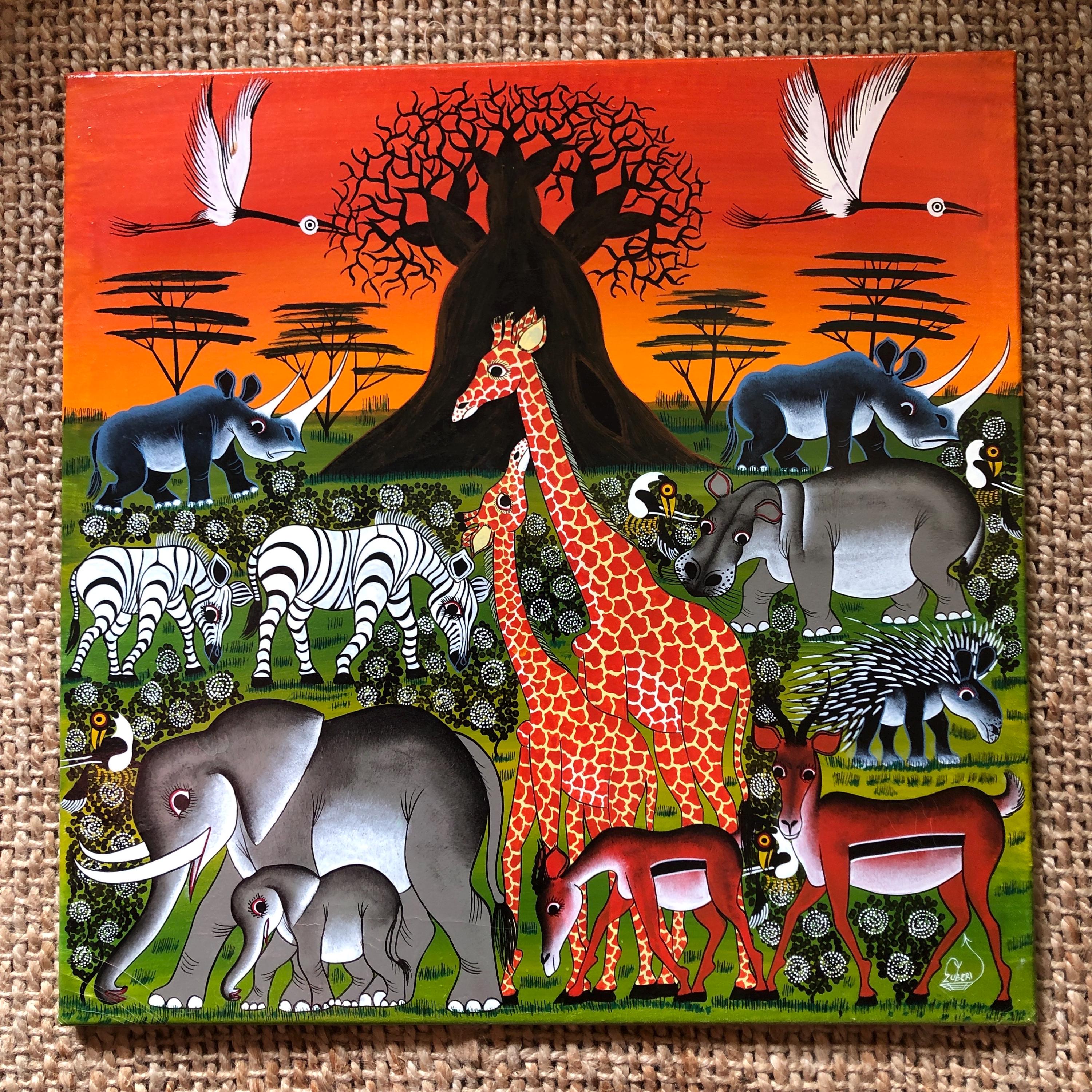 Vintage Tinga Tinga African Safari Animal Landscape, Signed