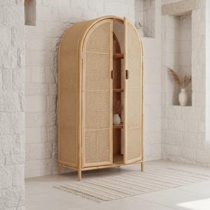 Organic Elegance Bamboo Cabinet with Arched Woven Doors | Handmade Rattan Storage | Boho Mediterranean Home Decor
