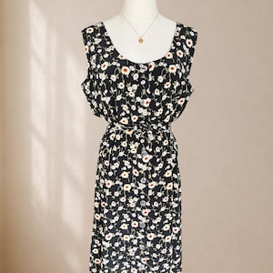 Vintage 90s Daisy Floral Midi Dress | Black Button Front Dress | Tie Waist | Cottagecore Summer Dress