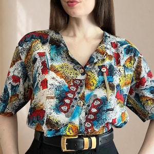 Vintage Andréa Carano Abstract Print Blouse | 100% Rayon | 90s Statement Top | Multicolor Retro Blouse | Short Sleeve | Made in Italy
