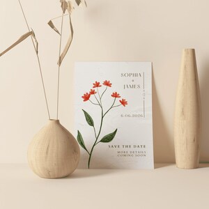 Minimalistische Save The Date Kaart met Rode Bloem – Bewerkbaar in Canva (A6)