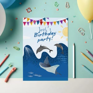 Convite de aniversário digital legal Animais marinhos – Editável no Canva (cartão A6)
